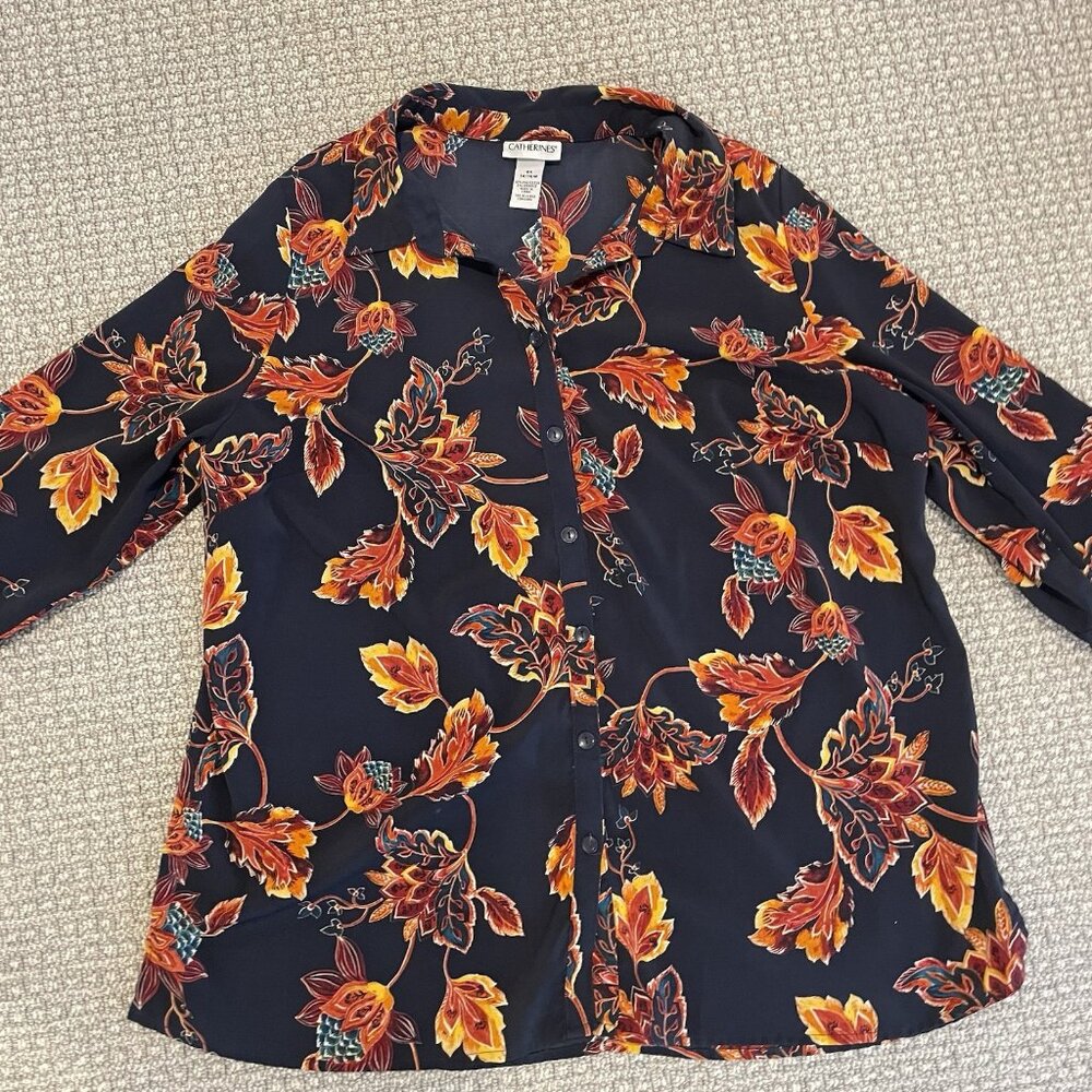 Catherines Top Womens 0x 14/16W Navy Blue Floral Button Front Lightweight Blouse